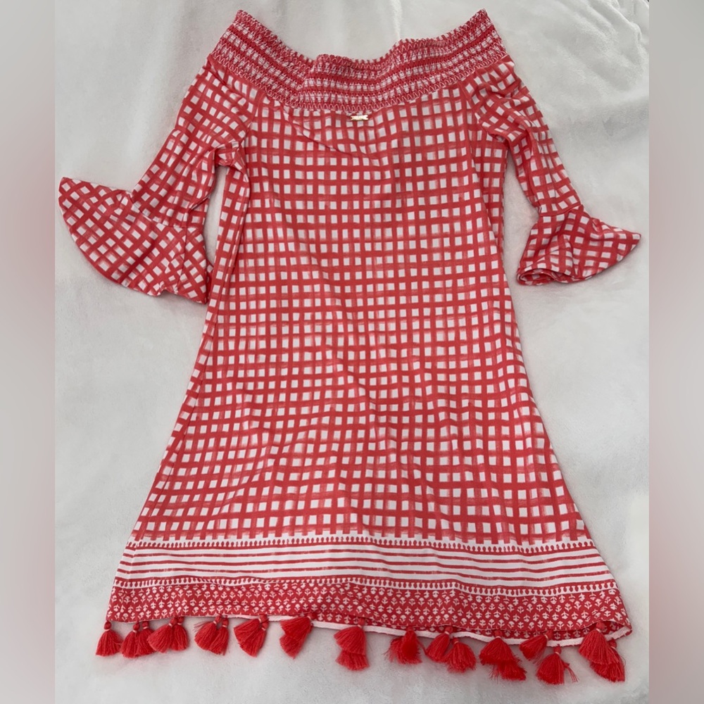 🌞 Cabana Life Women’s Off-the-Shoulder UPF 50+ Dress –Size Large –Coral & White